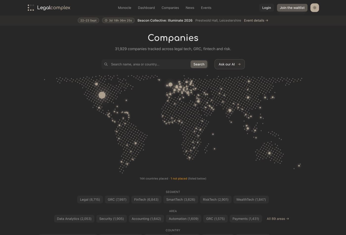 The Legalcomplex company directory showing a dotted equal-area world map with company density per country, above segment and area filters.