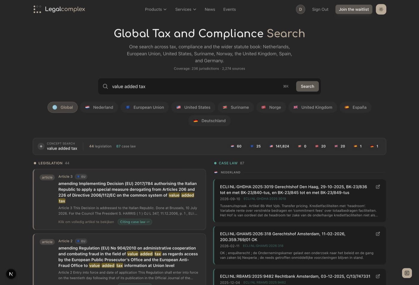The Global Tax and Compliance search on legalcomplex.com, showing a search for value added tax returning 44 legislation results and 87 case law results across eight jurisdictions.