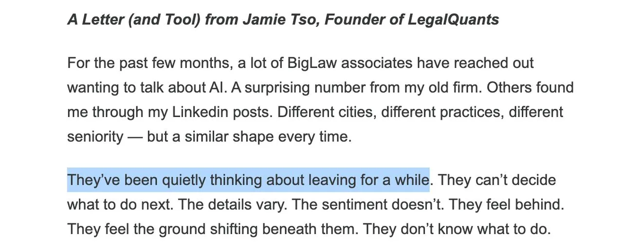 Lawyers are leaving law - Yup, big and small leave law because AI is taking their ability to earn away.